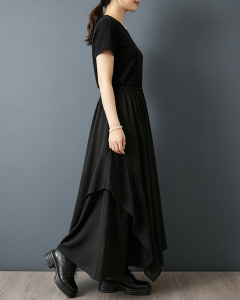 ellazhu Women's Chiffon Patchwork Wide Leg Pants Elastic Waist Ruffle Hem Palazzo Culottes Loose Gothic Plus Size GZ970