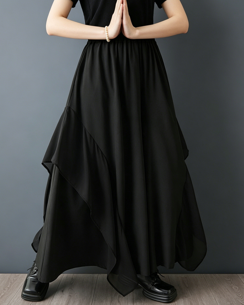 ellazhu Women's Chiffon Patchwork Wide Leg Pants Elastic Waist Ruffle Hem Palazzo Culottes Loose Gothic Plus Size GZ970