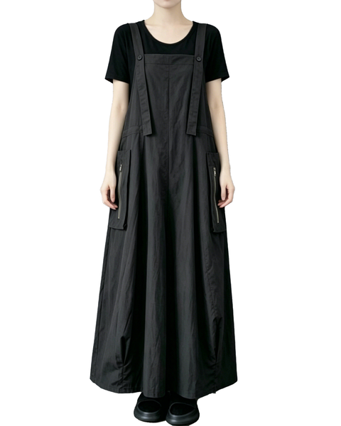 ellazhu Women's Suspender Maxi Dress Adjustable Straps Zip Pocket Loose A Line Korean Pinafore Plus Size Overall GZ971