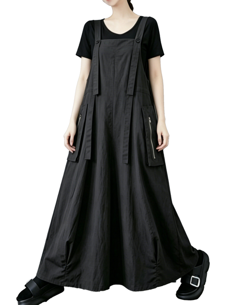 ellazhu Women's Suspender Maxi Dress Adjustable Straps Zip Pocket Loose A Line Korean Pinafore Plus Size Overall GZ971