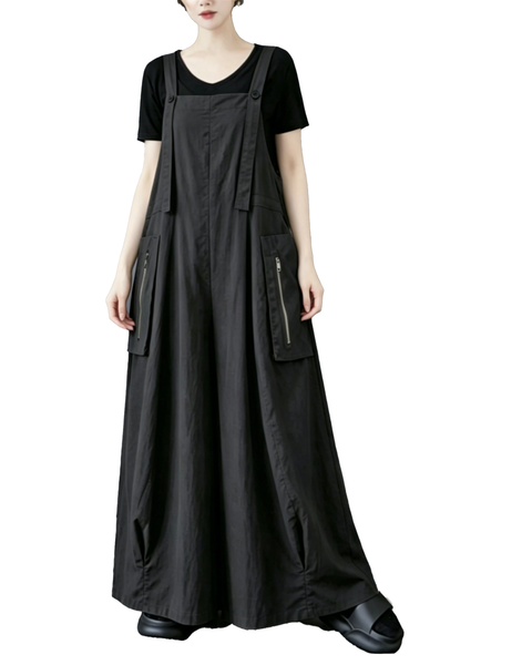 ellazhu Women's Suspender Maxi Dress Adjustable Straps Zip Pocket Loose A Line Korean Pinafore Plus Size Overall GZ971