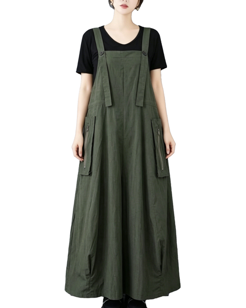 ellazhu Women's Suspender Maxi Dress Adjustable Straps Zip Pocket Loose A Line Korean Pinafore Plus Size Overall GZ971