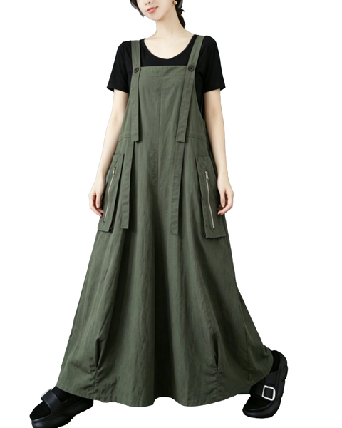 ellazhu Women's Suspender Maxi Dress Adjustable Straps Zip Pocket Loose A Line Korean Pinafore Plus Size Overall GZ971