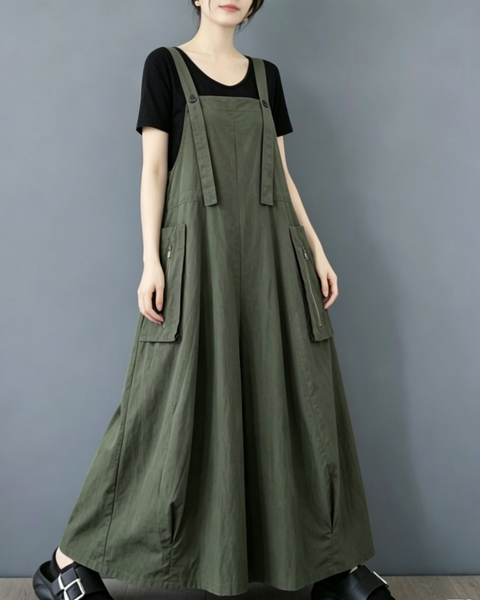 ellazhu Women's Suspender Maxi Dress Adjustable Straps Zip Pocket Loose A Line Korean Pinafore Plus Size Overall GZ971