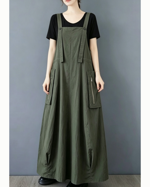 ellazhu Women's Suspender Maxi Dress Adjustable Straps Zip Pocket Loose A Line Korean Pinafore Plus Size Overall GZ971