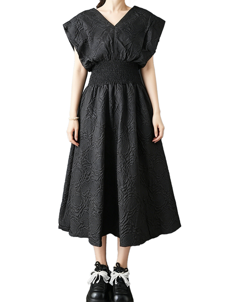 ellazhu Women's V Neck Jacquard Midi Dress Smocked Waist A Line GZ972