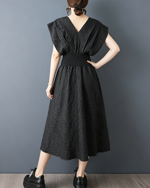ellazhu Women's V Neck Jacquard Midi Dress Smocked Waist A Line GZ972