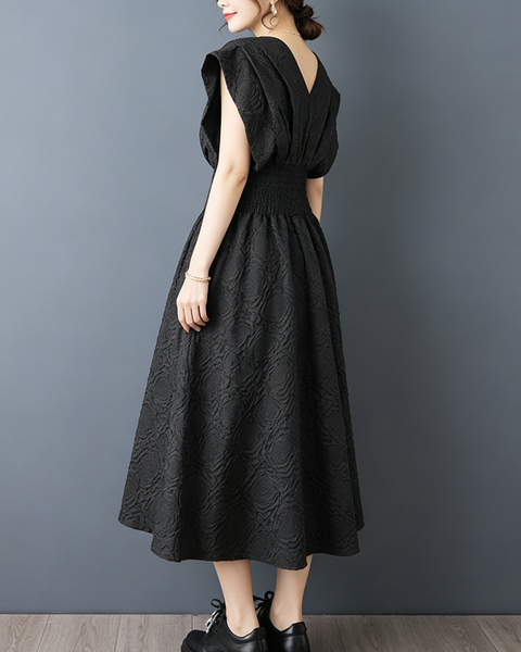 ellazhu Women's V Neck Jacquard Midi Dress Smocked Waist A Line GZ972