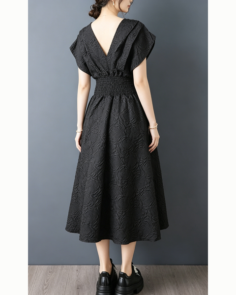 ellazhu Women's V Neck Jacquard Midi Dress Smocked Waist A Line GZ972