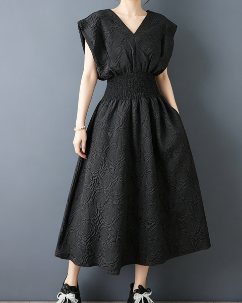 ellazhu Women's V Neck Jacquard Midi Dress Smocked Waist A Line GZ972