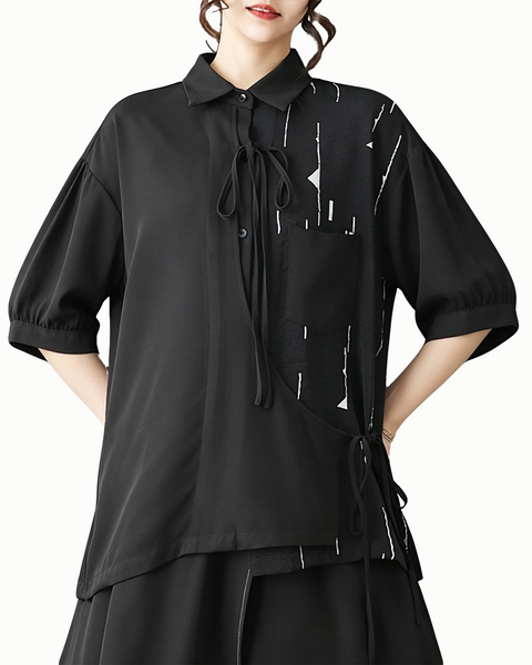 ellazhu Women's Printed Patchwork Tie Front Short Sleeve Shirt GZ973