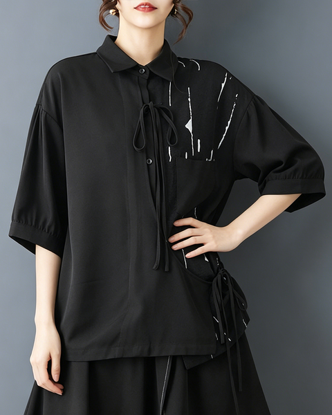 ellazhu Women's Printed Patchwork Tie Front Short Sleeve Shirt GZ973