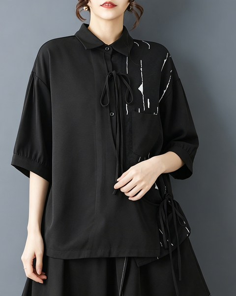 ellazhu Women's Printed Patchwork Tie Front Short Sleeve Shirt GZ973