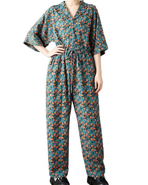 ellazhu Women's Floral Print Jumpsuit Wide Leg Drawstring Waist GZ974
