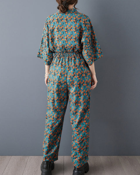 ellazhu Women's Floral Print Jumpsuit Wide Leg Drawstring Waist GZ974