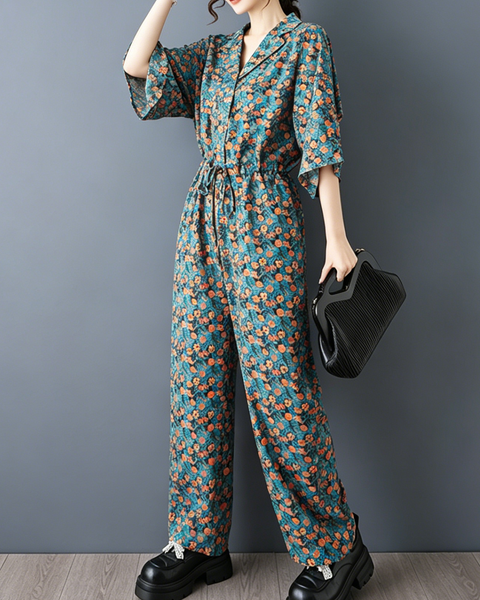 ellazhu Women's Floral Print Jumpsuit Wide Leg Drawstring Waist GZ974