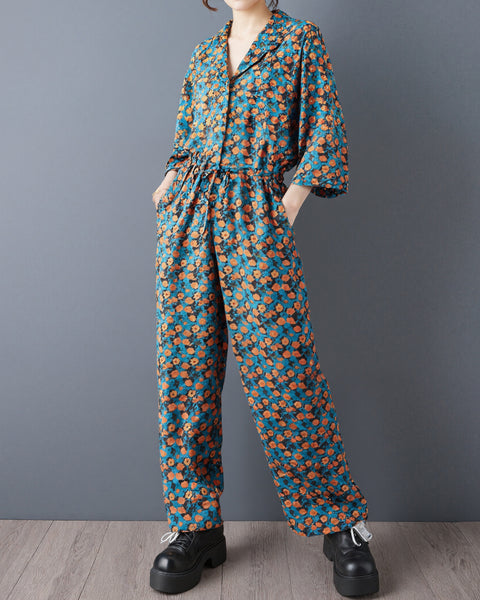 ellazhu Women's Floral Print Jumpsuit Wide Leg Drawstring Waist GZ974