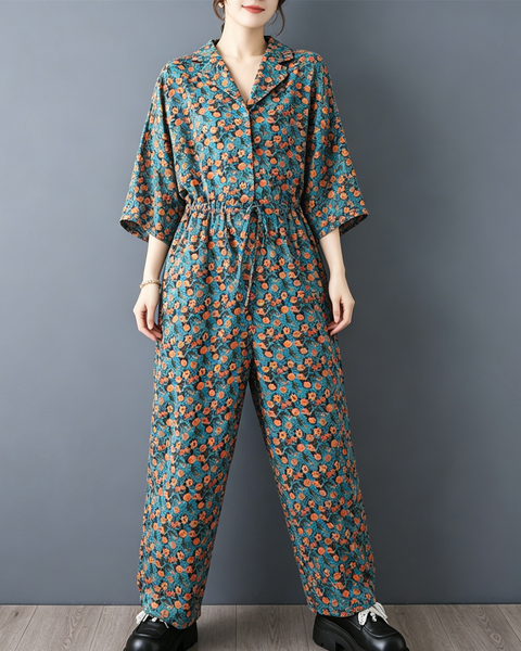 ellazhu Women's Floral Print Jumpsuit Wide Leg Drawstring Waist GZ974