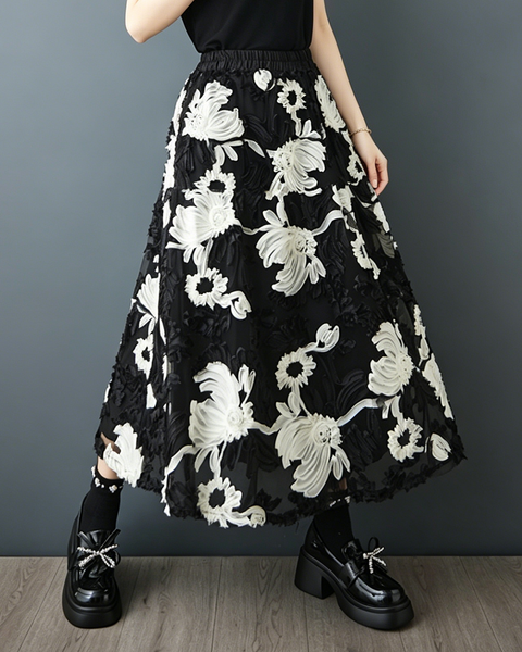 ellazhu Women's 3D Floral Embroidered Mesh A Line Midi Skirt Tulle GZ975