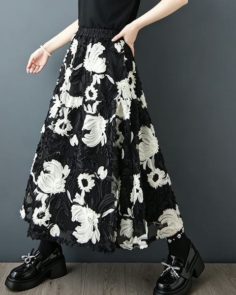 ellazhu Women's 3D Floral Embroidered Mesh A Line Midi Skirt Tulle GZ975