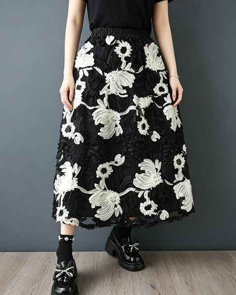 ellazhu Women's 3D Floral Embroidered Mesh A Line Midi Skirt Tulle GZ975