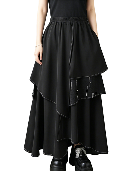 ellazhu Women's Printed Layered Maxi Skirt Elastic Waist A Line GZ976