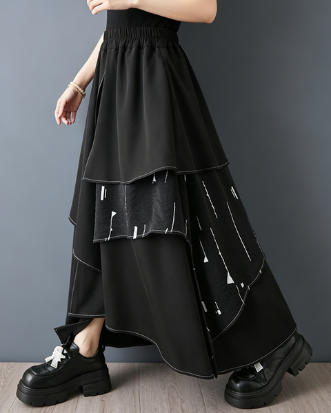 ellazhu Women's Printed Layered Maxi Skirt Elastic Waist A Line GZ976