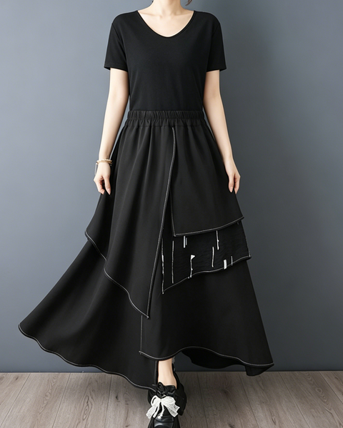 ellazhu Women's Printed Layered Maxi Skirt Elastic Waist A Line GZ976