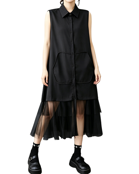 ellazhu Women's Sleeveless Shirt Dress Button Down Sheer Hem Loose GZ977