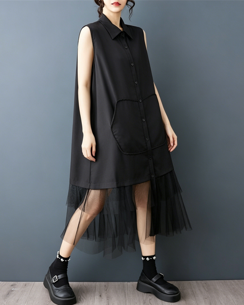 ellazhu Women's Sleeveless Shirt Dress Button Down Sheer Hem Loose GZ977