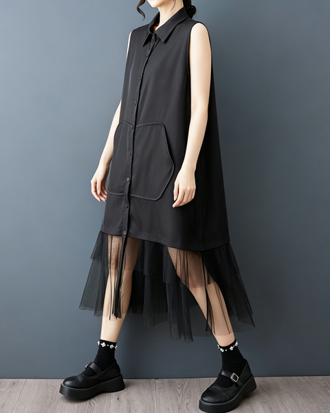 ellazhu Women's Sleeveless Shirt Dress Button Down Sheer Hem Loose GZ977