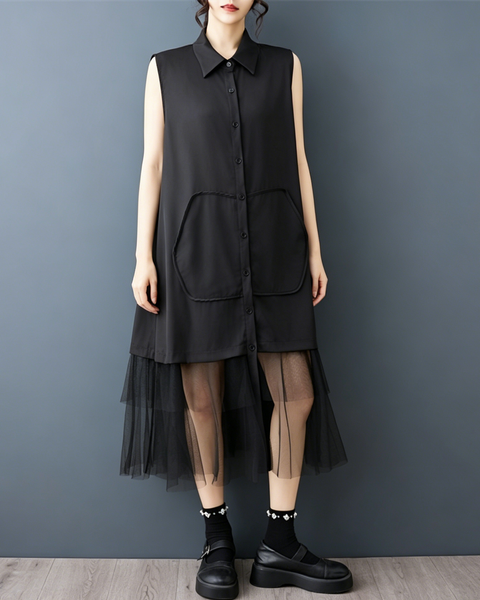 ellazhu Women's Sleeveless Shirt Dress Button Down Sheer Hem Loose GZ977