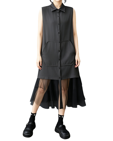 ellazhu Women's Sleeveless Shirt Dress Button Down Sheer Hem Loose GZ977