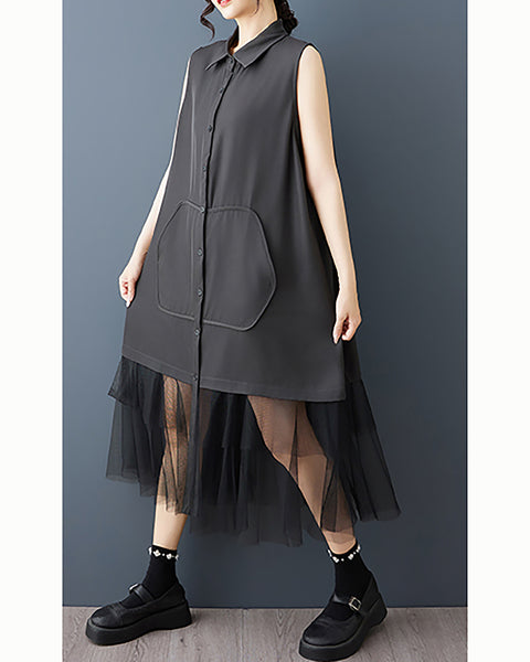 ellazhu Women's Sleeveless Shirt Dress Button Down Sheer Hem Loose GZ977