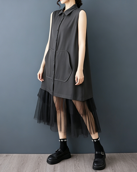ellazhu Women's Sleeveless Shirt Dress Button Down Sheer Hem Loose GZ977