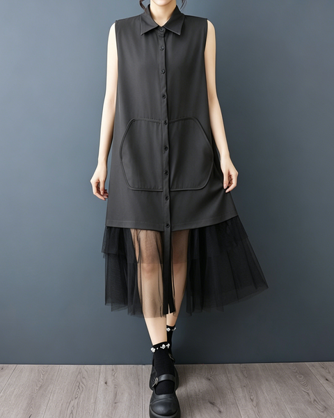 ellazhu Women's Sleeveless Shirt Dress Button Down Sheer Hem Loose GZ977