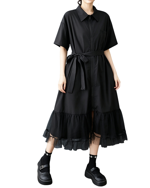 ellazhu Women's Collared Zip Shirt Dress Tie Belt Mesh Hem Midi GZ978