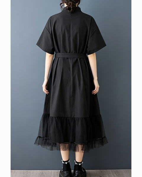 ellazhu Women's Collared Zip Shirt Dress Tie Belt Mesh Hem Midi GZ978