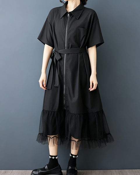 ellazhu Women's Collared Zip Shirt Dress Tie Belt Mesh Hem Midi GZ978