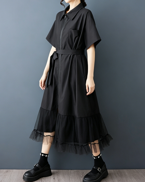 ellazhu Women's Collared Zip Shirt Dress Tie Belt Mesh Hem Midi GZ978