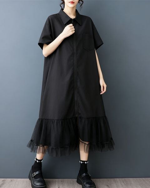 ellazhu Women's Collared Zip Shirt Dress Tie Belt Mesh Hem Midi GZ978