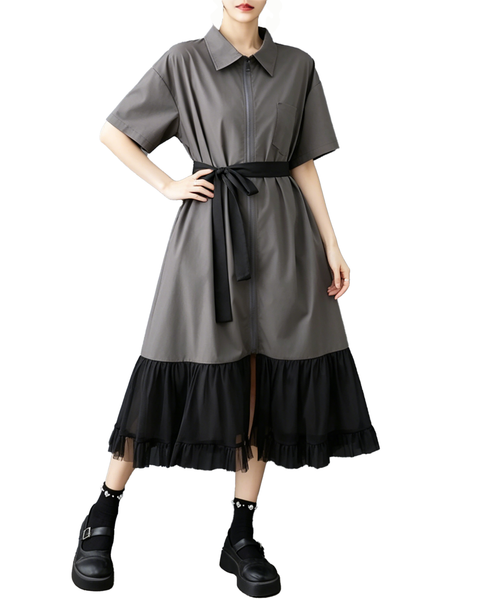 ellazhu Women's Collared Zip Shirt Dress Tie Belt Mesh Hem Midi GZ978