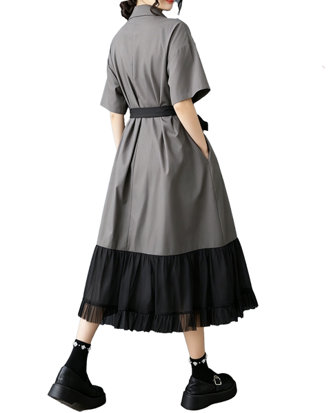 ellazhu Women's Collared Zip Shirt Dress Tie Belt Mesh Hem Midi GZ978