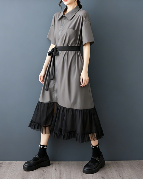 ellazhu Women's Collared Zip Shirt Dress Tie Belt Mesh Hem Midi GZ978