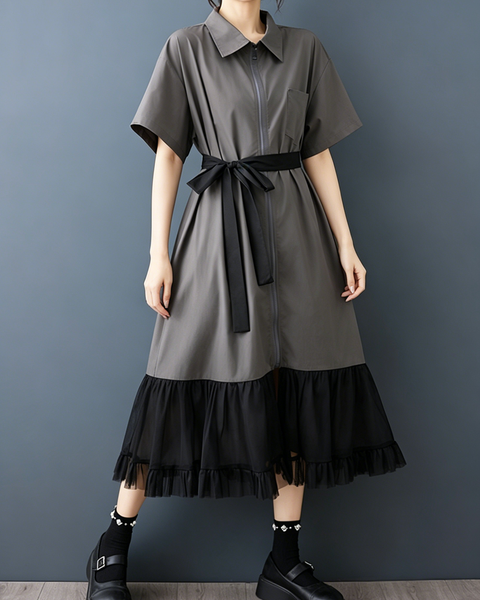 ellazhu Women's Collared Zip Shirt Dress Tie Belt Mesh Hem Midi GZ978