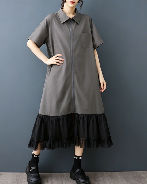 ellazhu Women's Collared Zip Shirt Dress Tie Belt Mesh Hem Midi GZ978