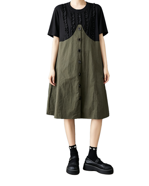 ellazhu Women's Ruffle Patchwork Button Front A Line Midi Dress GZ979