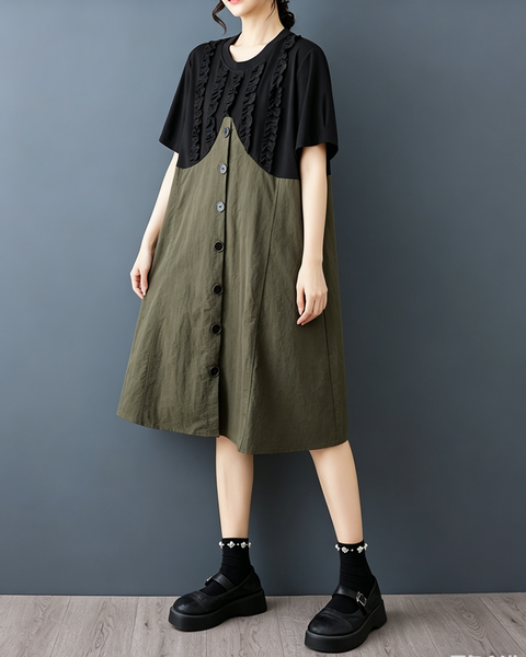 ellazhu Women's Ruffle Patchwork Button Front A Line Midi Dress GZ979