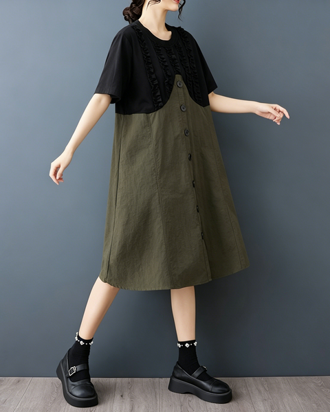 ellazhu Women's Ruffle Patchwork Button Front A Line Midi Dress GZ979