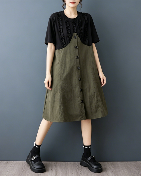 ellazhu Women's Ruffle Patchwork Button Front A Line Midi Dress GZ979